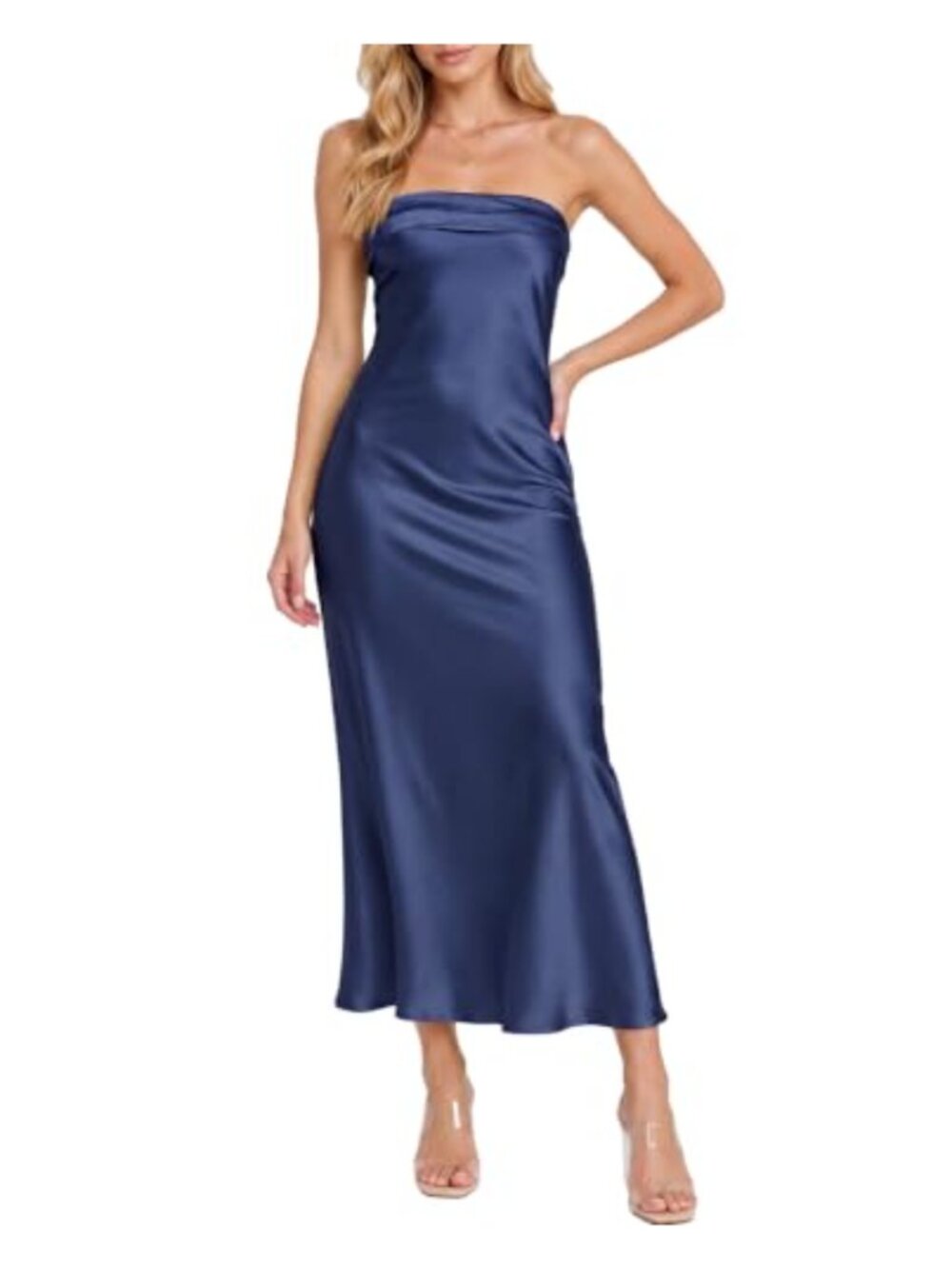 Satin Silk Backless Strapless Maxi Dress Evening Formal Wedding Guest